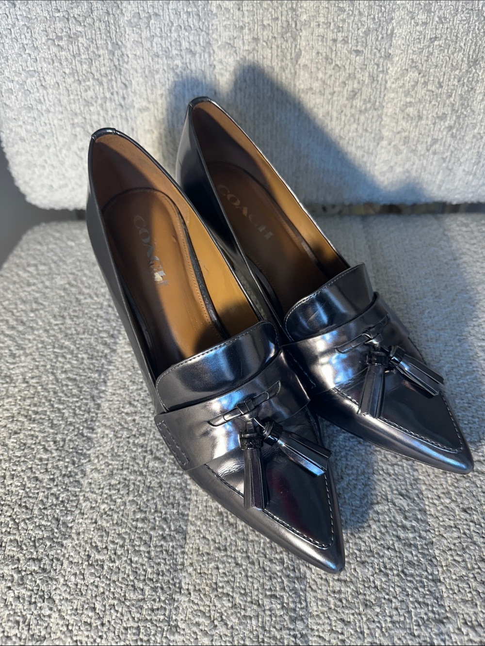 Coach silver Patent Leather Pointed Tassel Loafers heels (Women's) - Picture 2 of 10